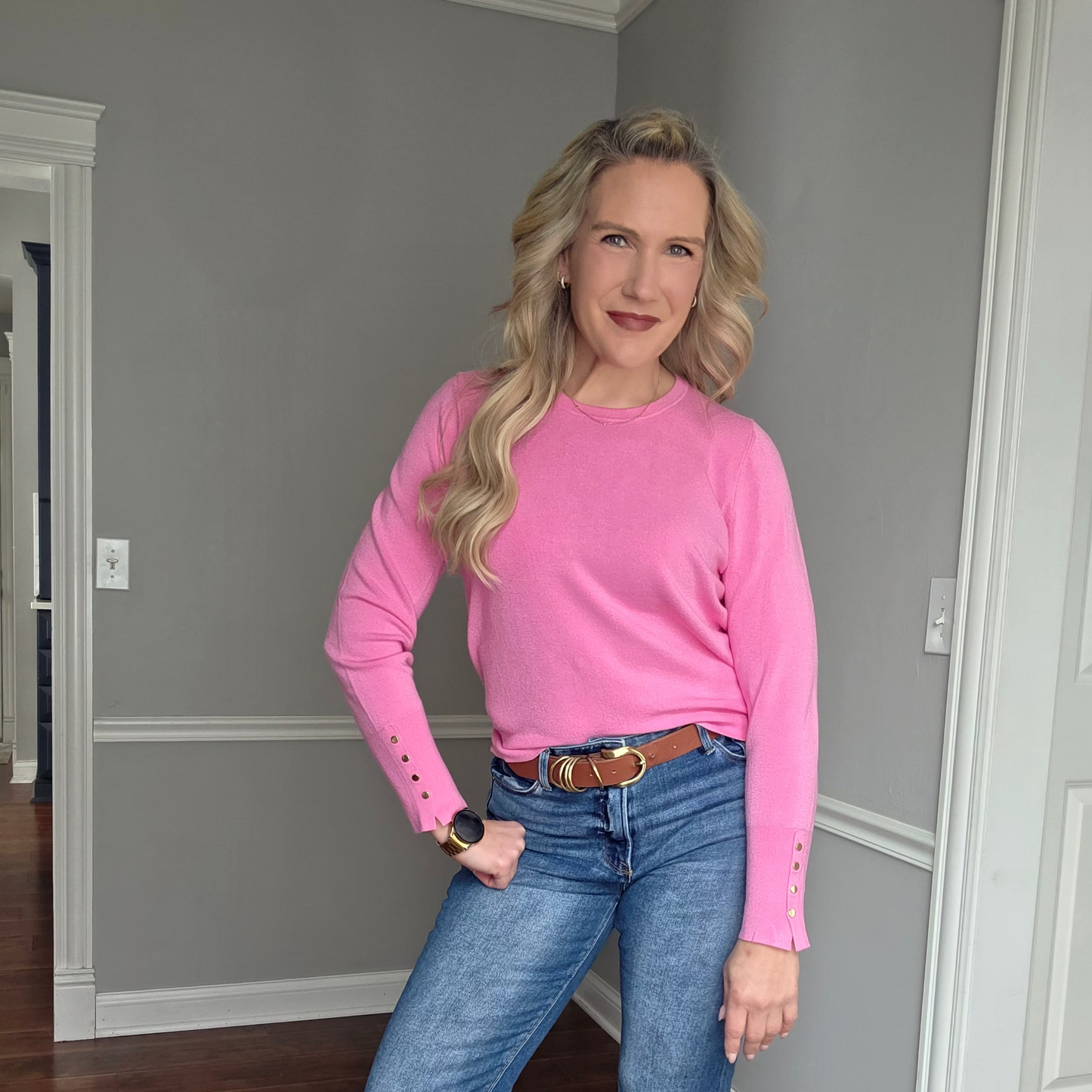 Pink Crew Neck Top w/Gold Button Accents