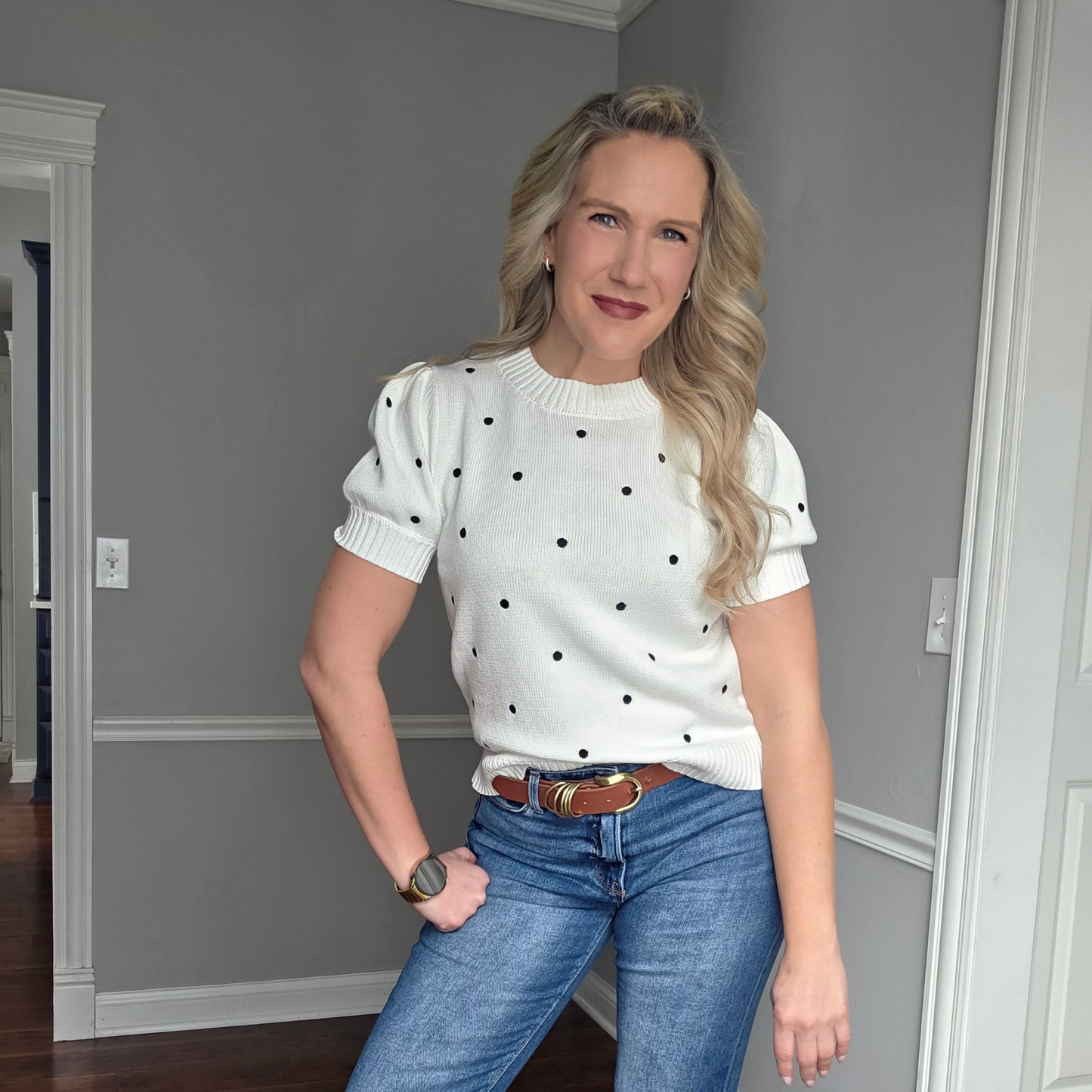 Off White Polka Dot Puff Sleeve Top