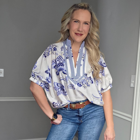 Blue Floral Print Top w/ Dolman Sleeve