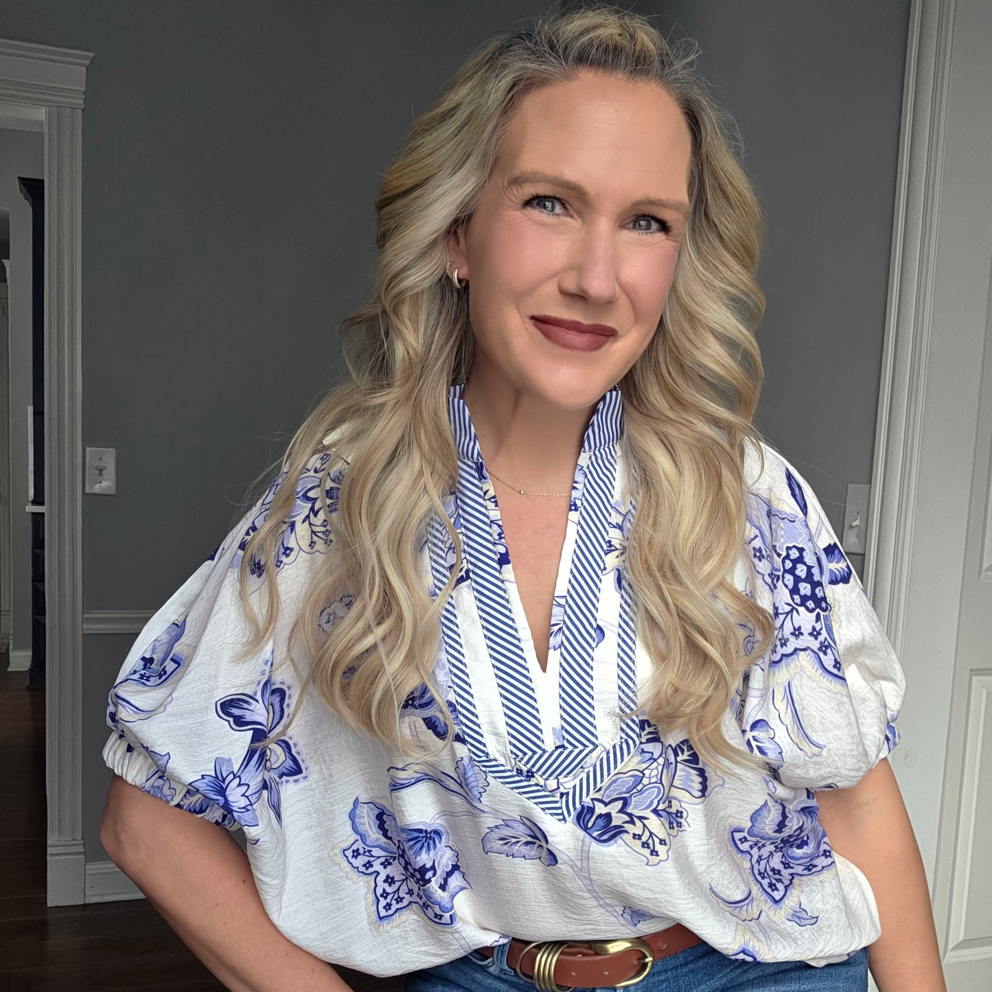 Blue Floral Print Top w/ Dolman Sleeve