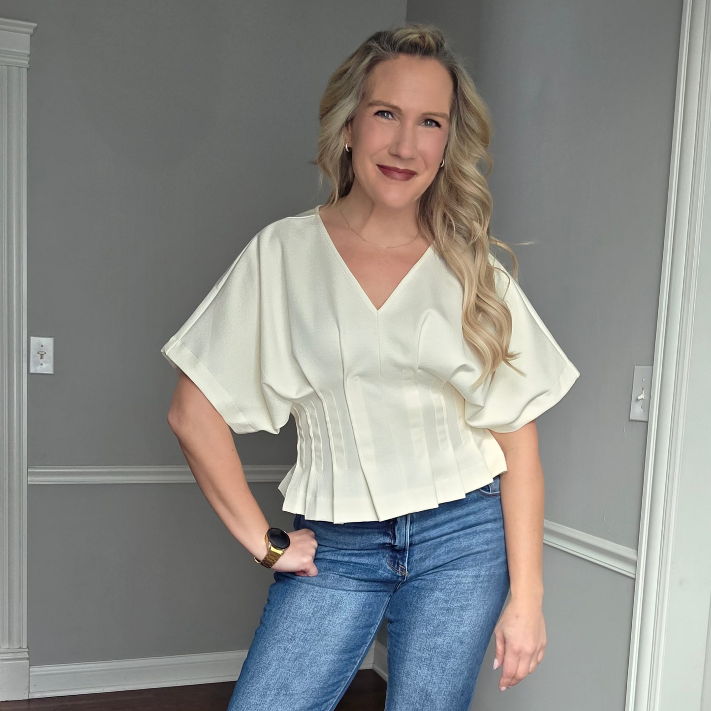 Cream Pleated V-Neck Top