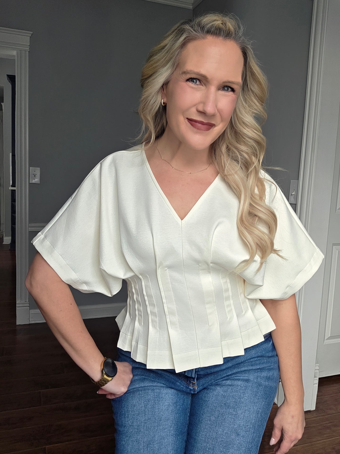 Cream Pleated V-Neck Top