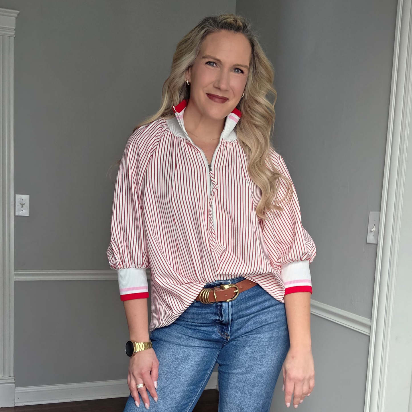 Red Pinstripe Top w/ 3/4 Zip Front & Sleeves