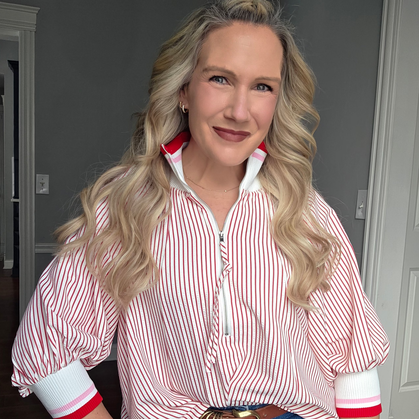 Red Pinstripe Top w/ 3/4 Zip Front & Sleeves