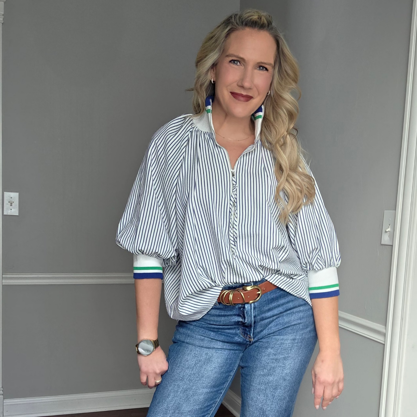 Navy Pinstripe Top w/ 3/4 Zip Front & Sleeves