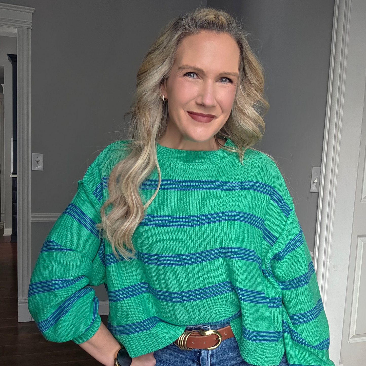 Kelly Green Lightweight Sweater w/ Navy Stripes