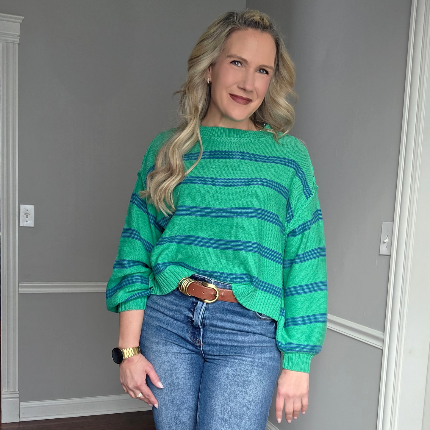 Kelly Green Lightweight Sweater w/ Navy Stripes
