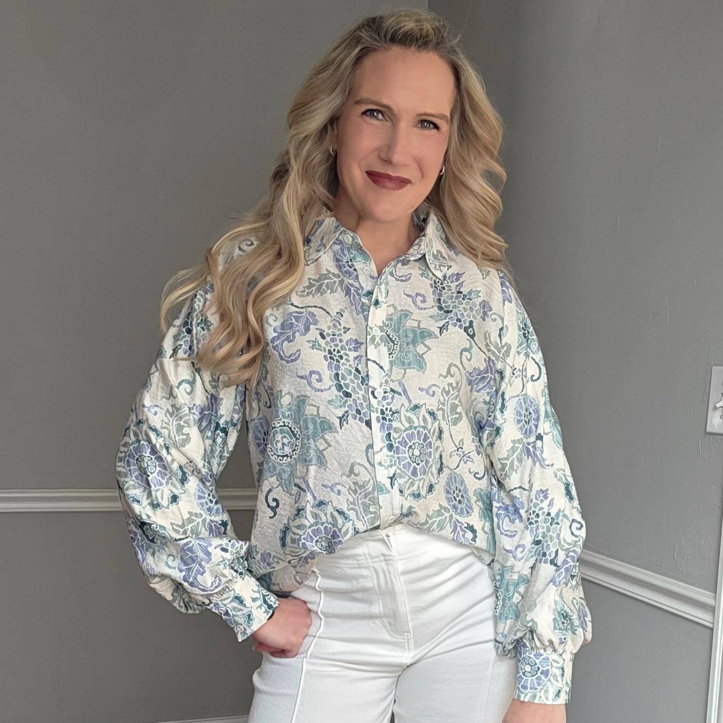 Blue & Green Floral Button-Down Top