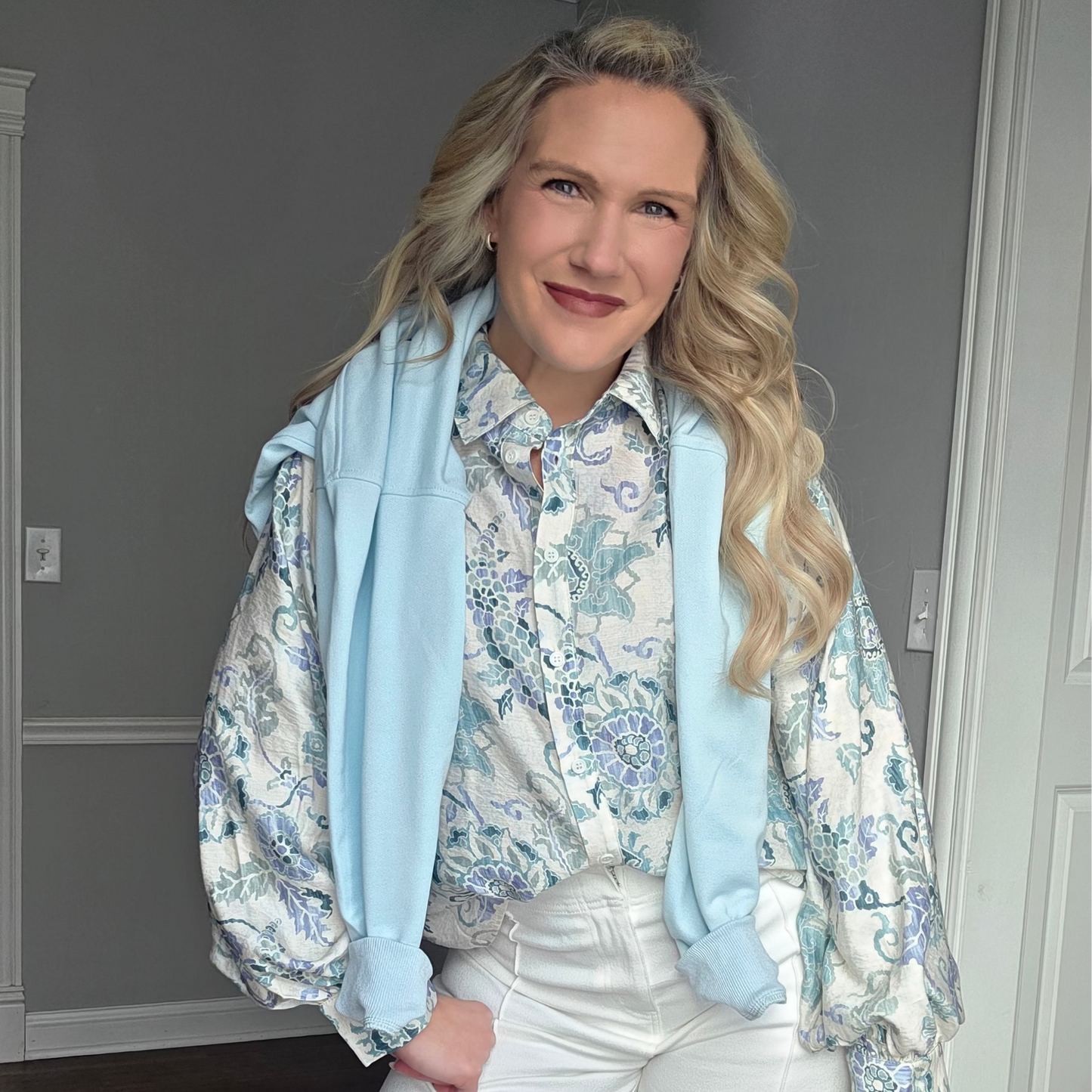 Blue & Green Floral Button-Down Top