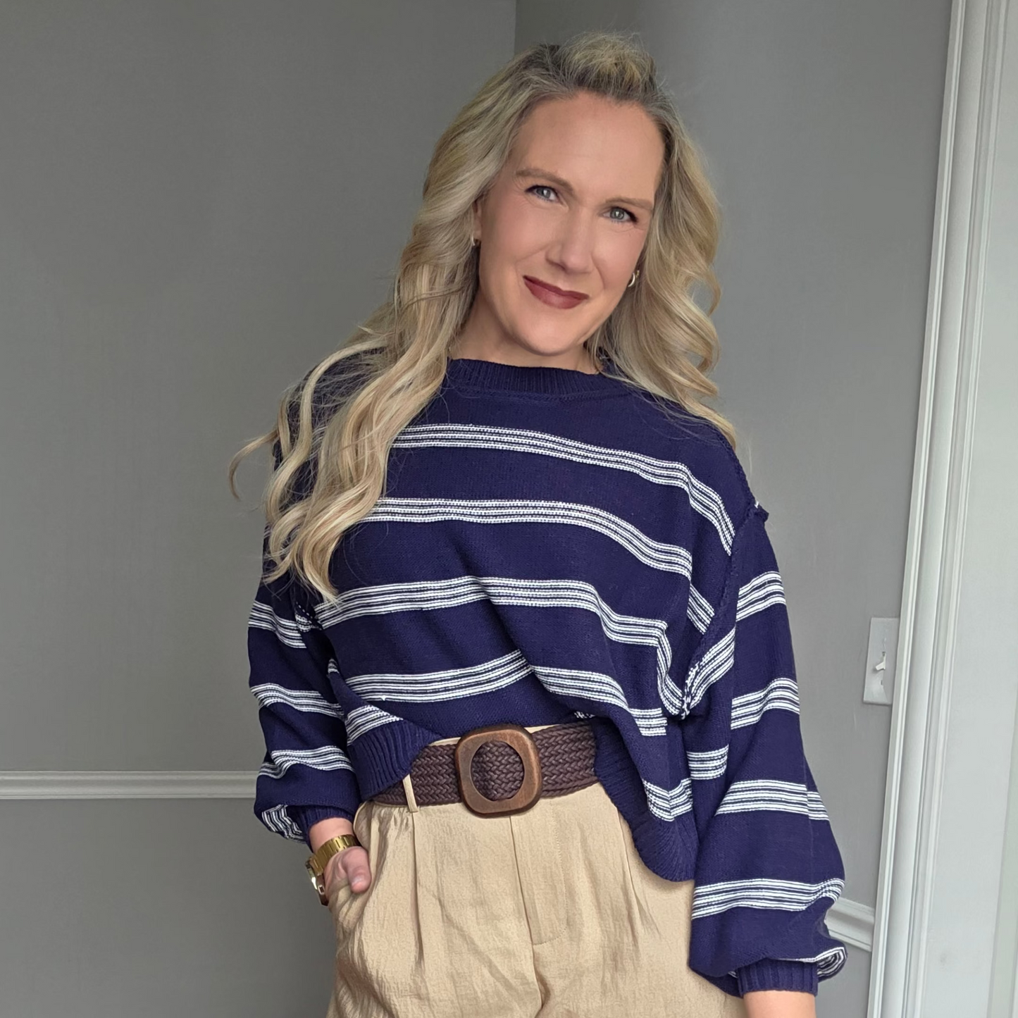 Navy Blue Lightweight Sweater w/ White Stripes