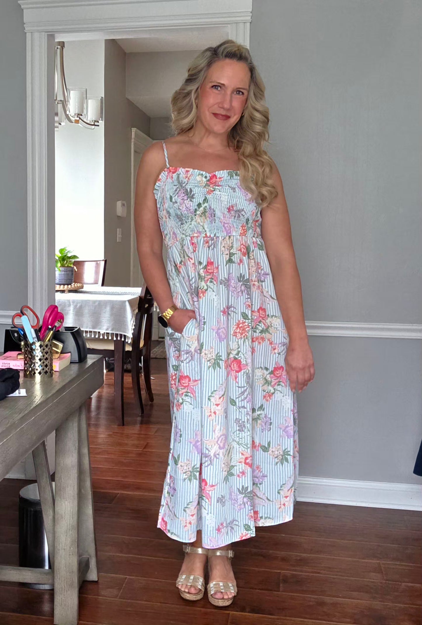 Aqua Striped Tropical Floral Print Dress