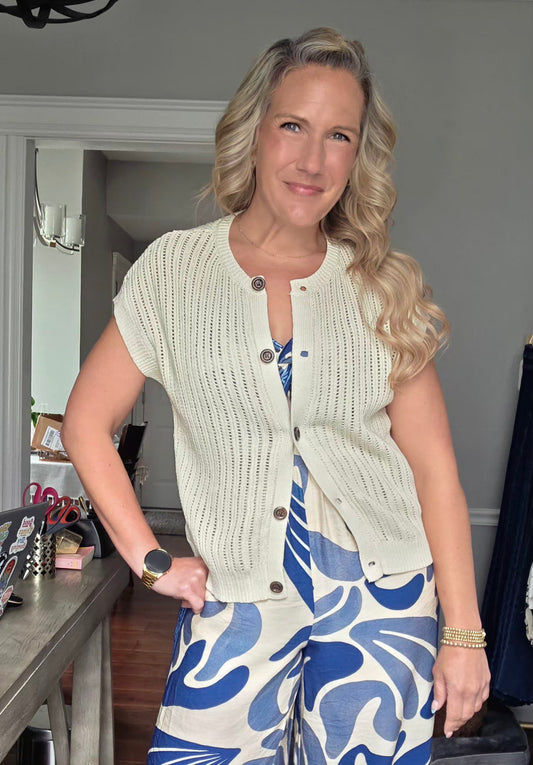 BREEZY NATURAL COTTON OPEN KNIT BUTTON-DOWN SWEATER VEST