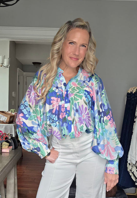 Retro Floral Print Button Down Top