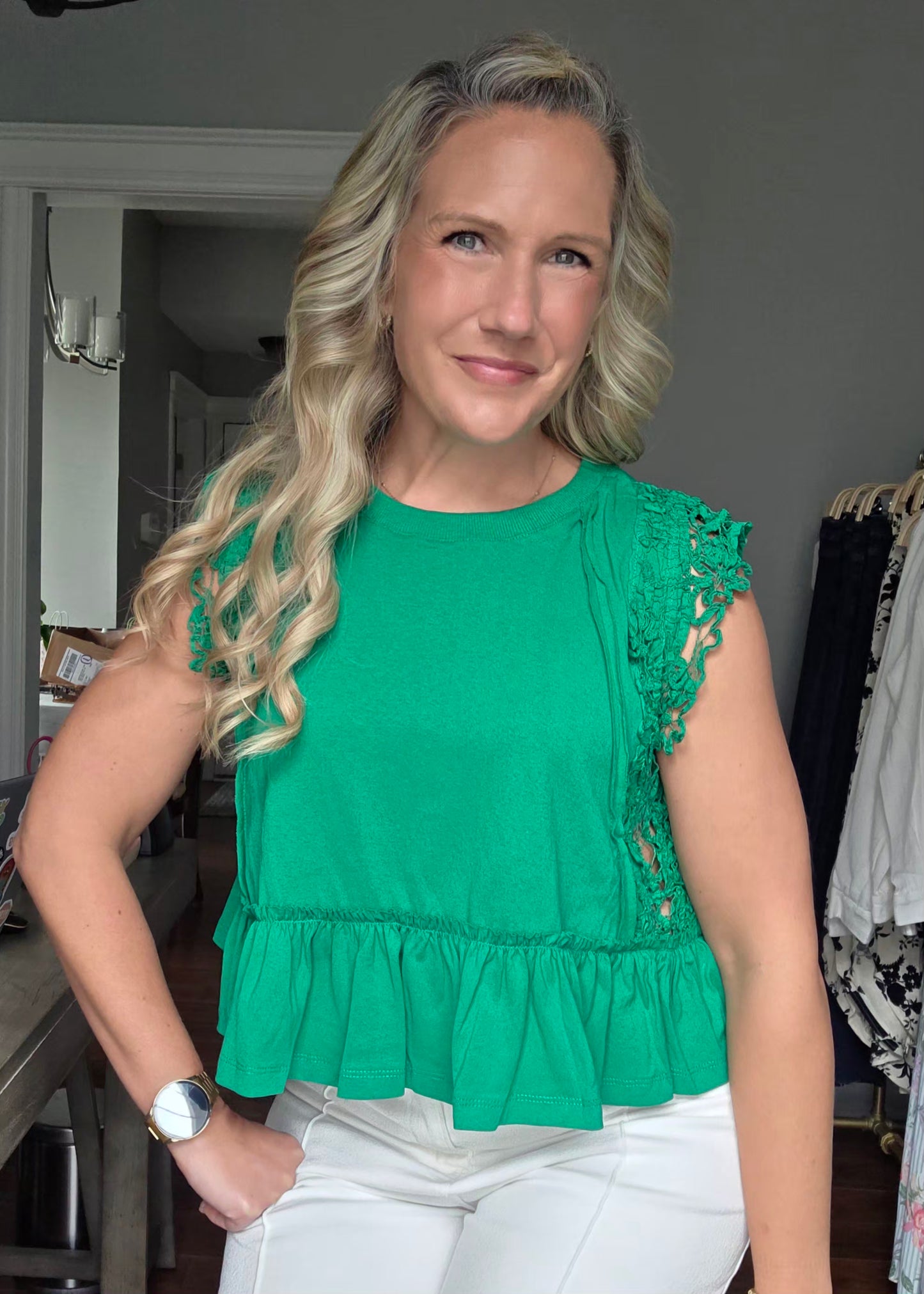 Kelly Green Side Lace Trim Ruffle Hem Top