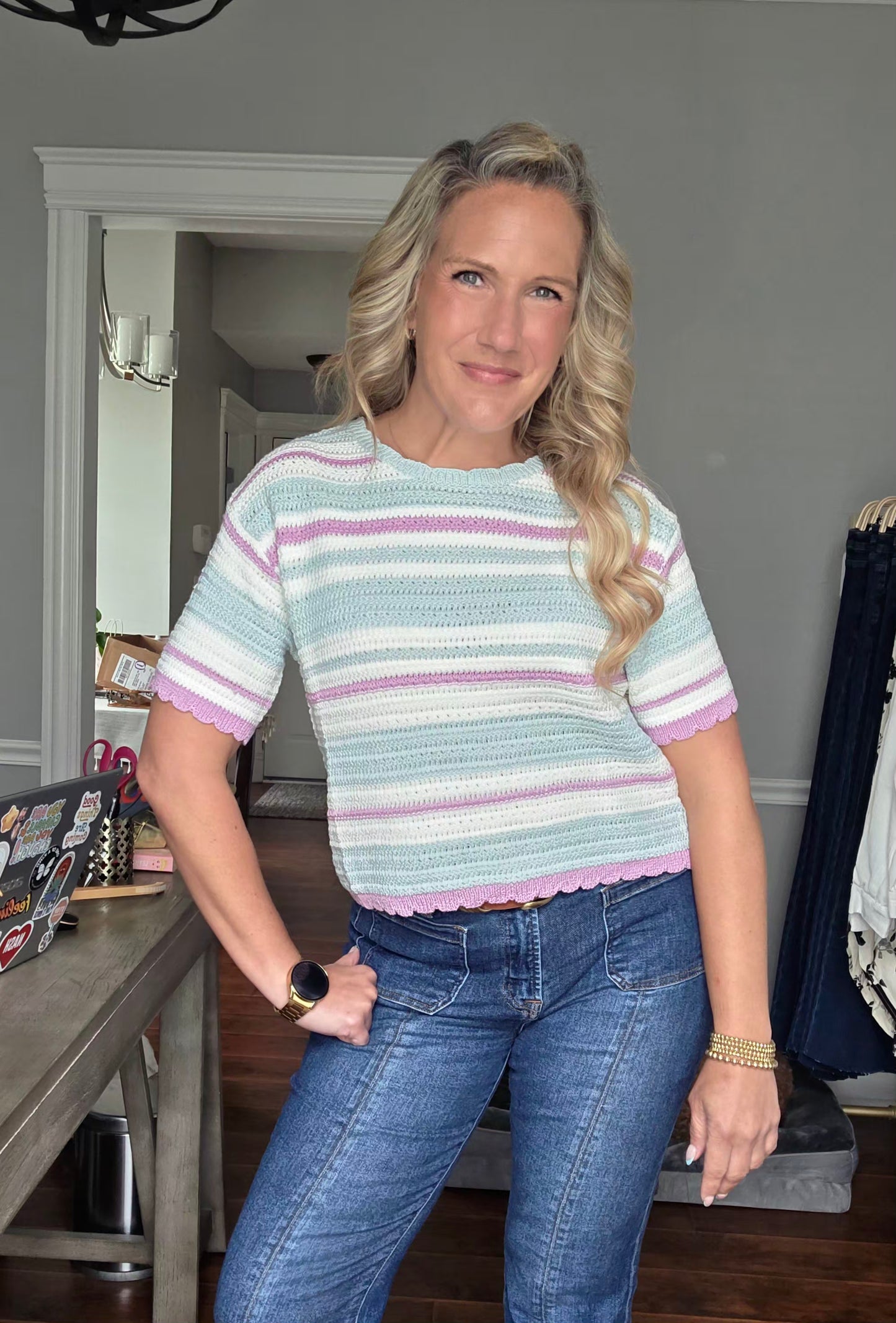 Aqua Striped Knit Top w/ Scallop Edges