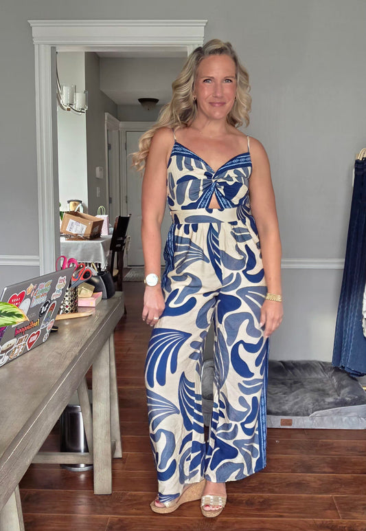 Blue Print Front Knot Jumpsuit