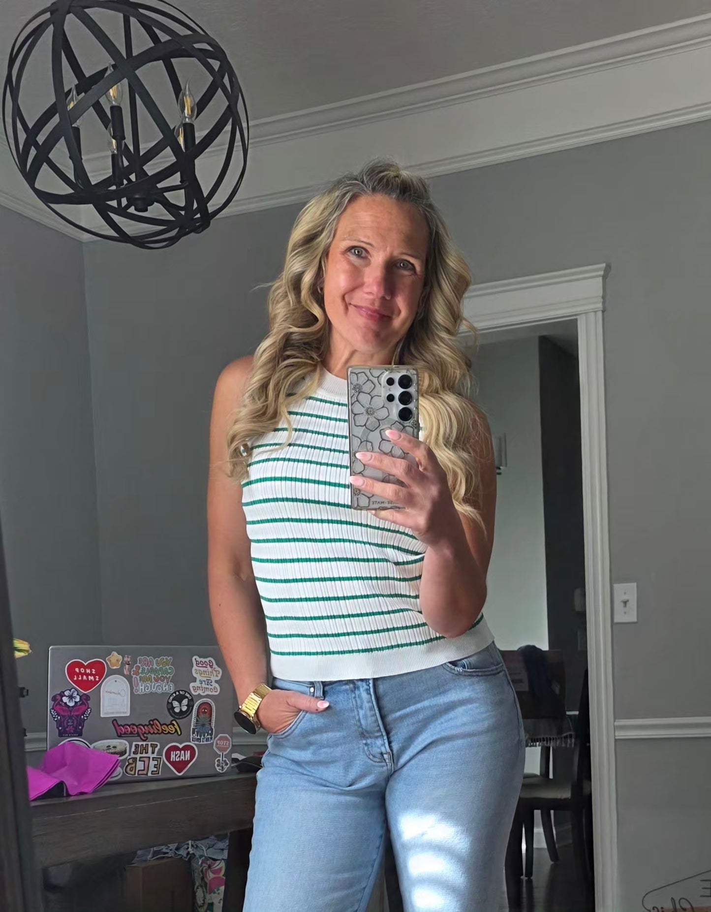 Green Striped Ribbed Tank