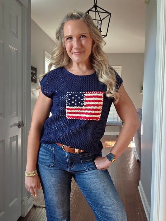 Navy Open Knit American Flag Top