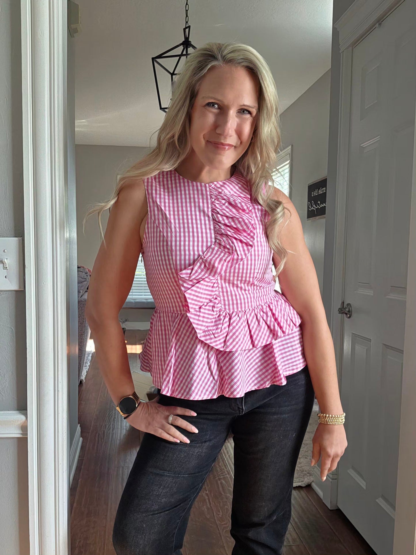 Pink Gingham Top w/ Ruffle Detail