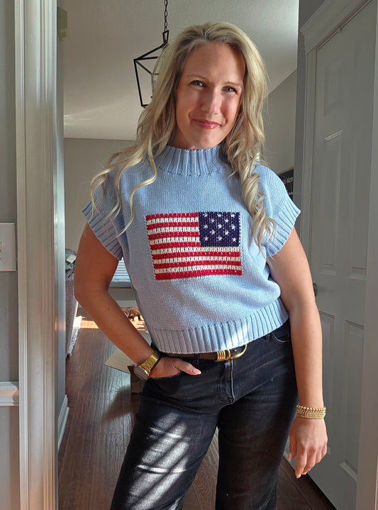 Light Blue American Flag Knit Top