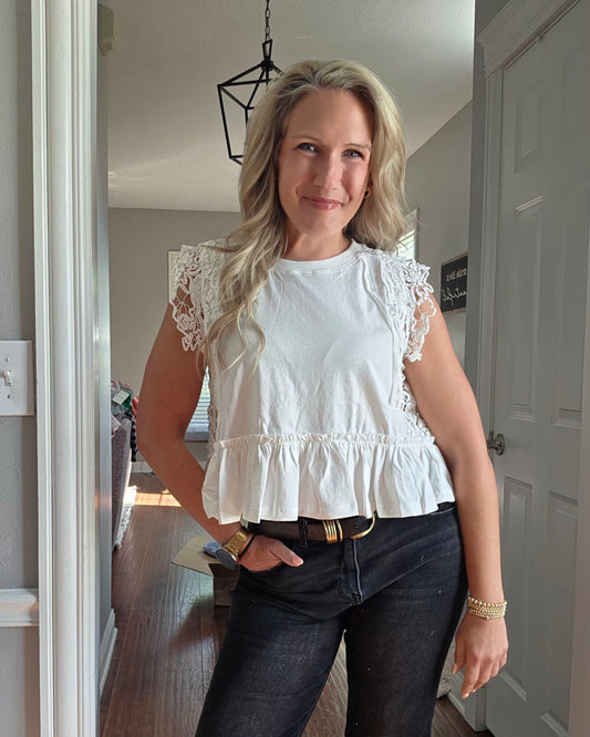 White Side Lace Trim Ruffle Hem Top