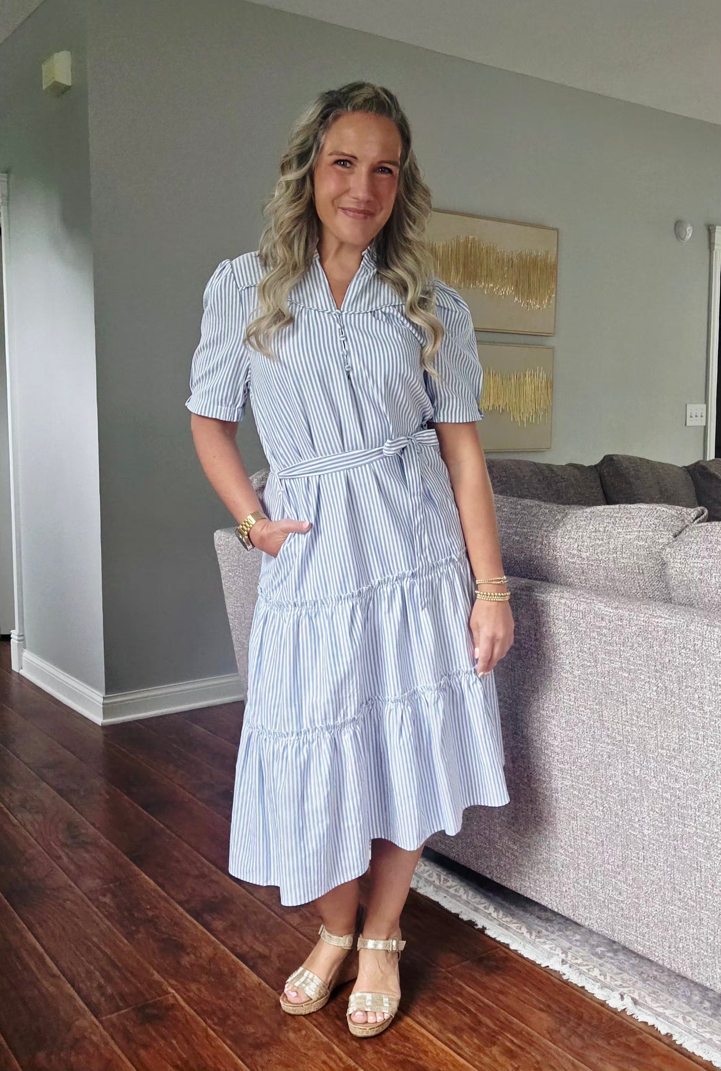 Blue Pinstripe Midi Dress