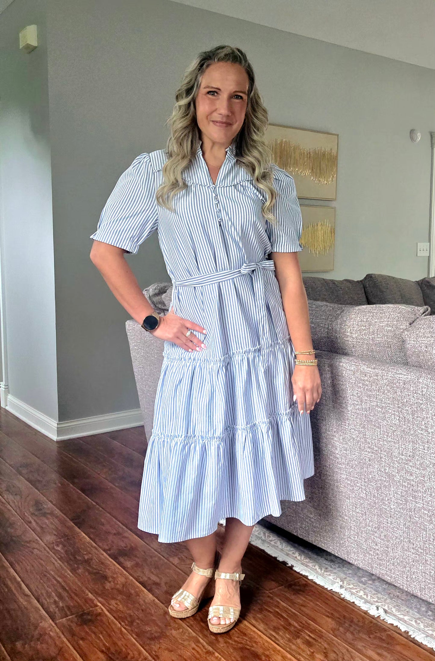 Blue Pinstripe Midi Dress