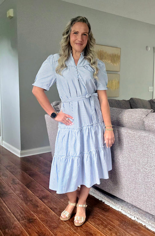 Blue Pinstripe Midi Dress
