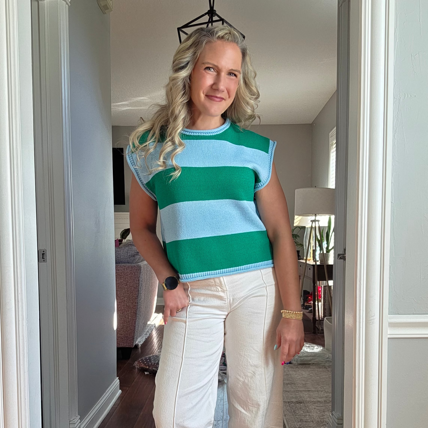 Light Blue & Green Striped Knit Top