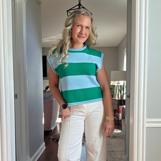 Light Blue & Green Striped Knit Top