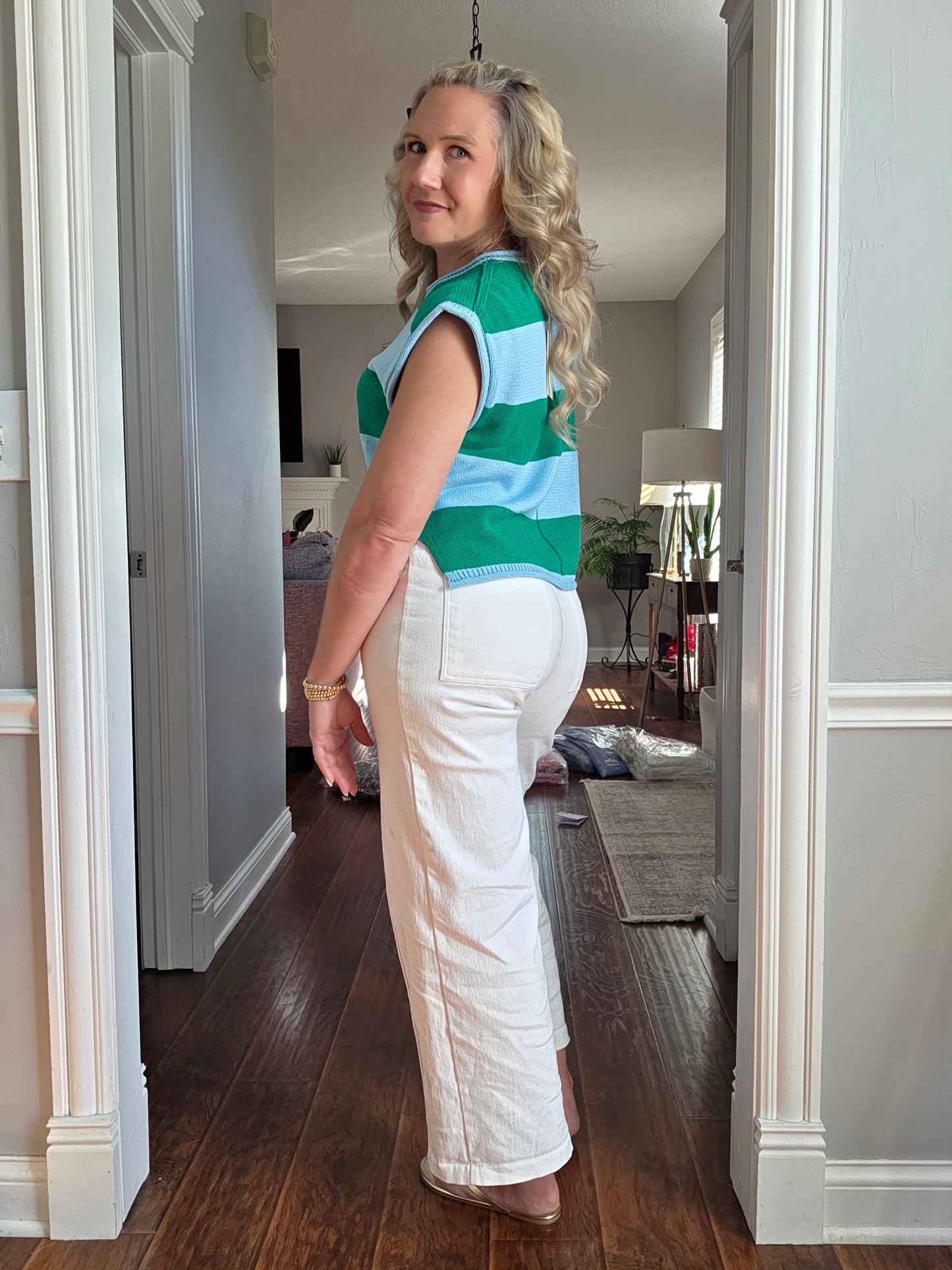 Light Blue & Green Striped Knit Top