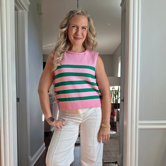 Pink Sleeveless Green Striped Knit Top w/ Gold Button Detail