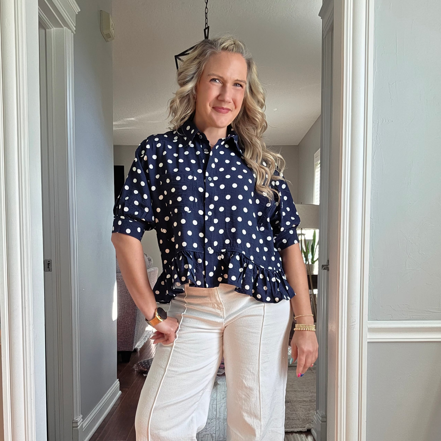 Navy Polka Dot Button-Down Top