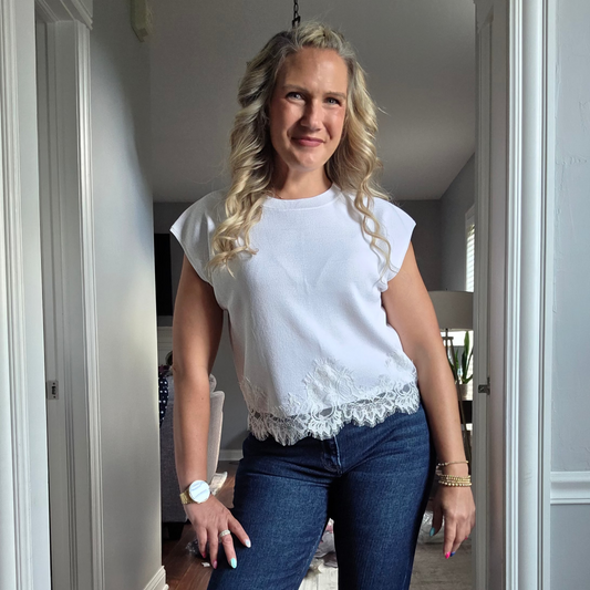 White Lace Trimmed Knit Top