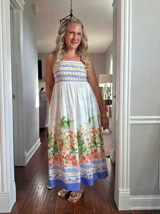 Tropical Scenic Print Midi Dress
