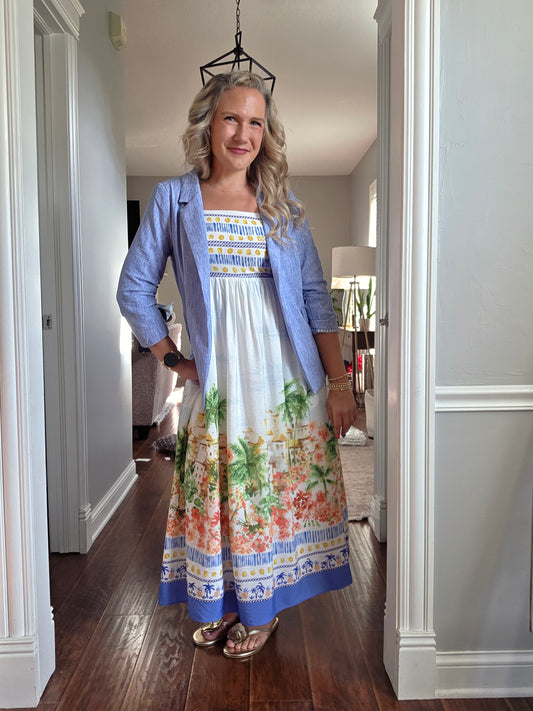Chambray Ruched Sleeve Blazer
