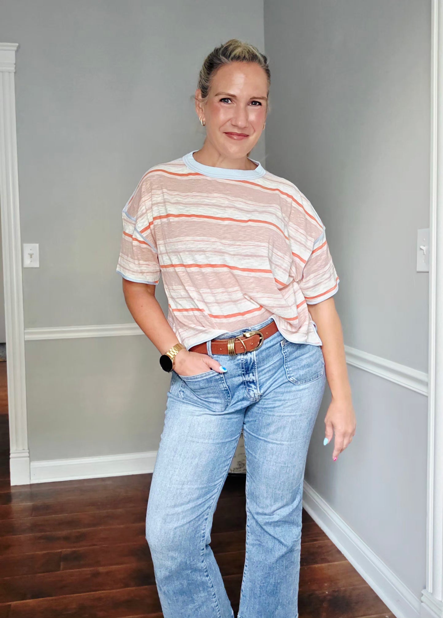 Coral Striped Boxy Tee