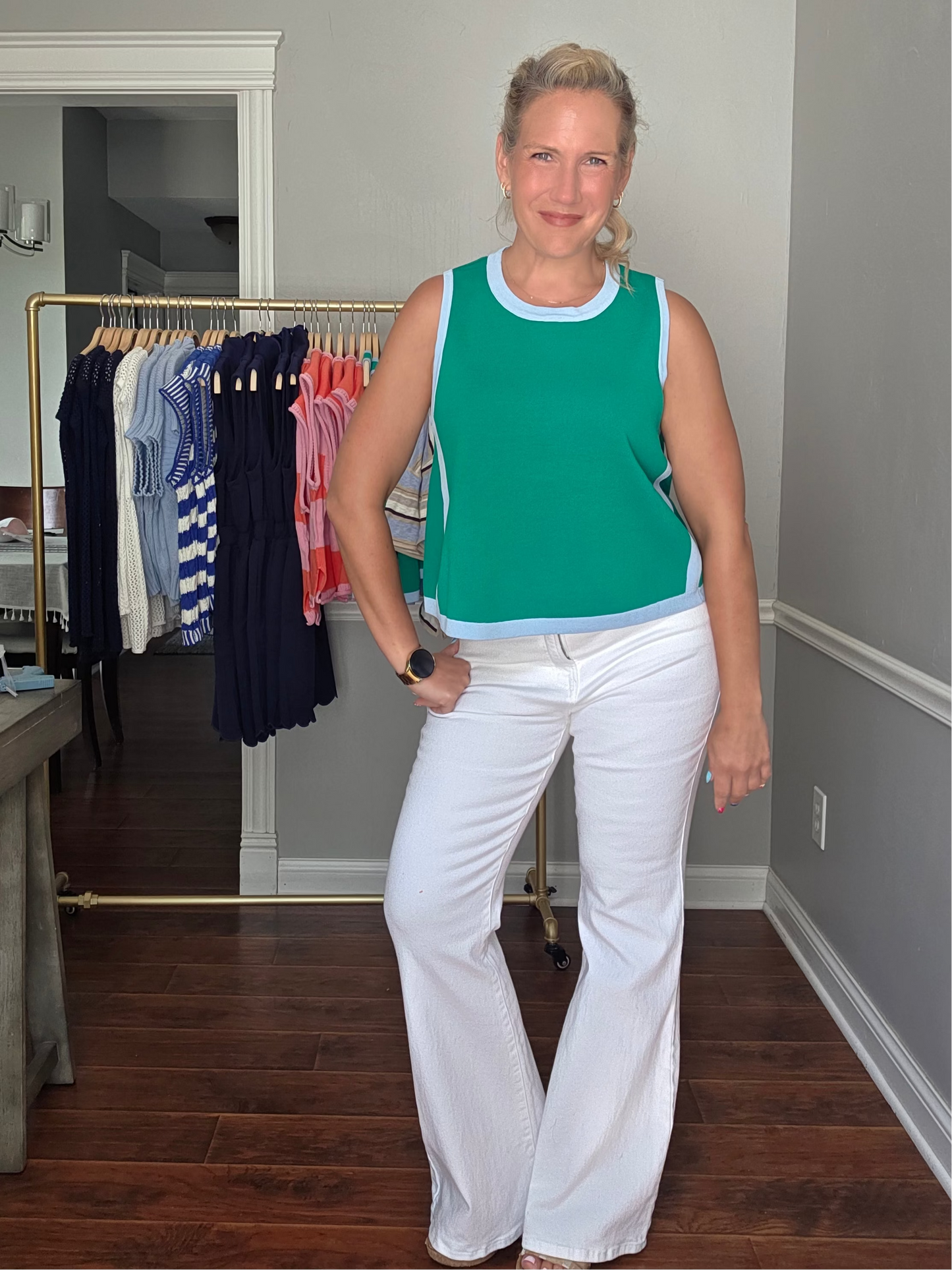 Kelly Green Sleeveless Knit Top w/ Light Blue Accents