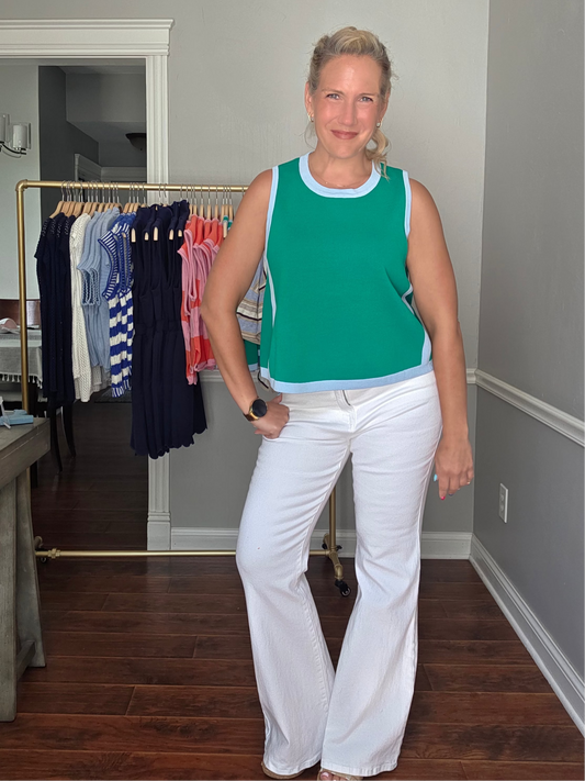 Kelly Green Sleeveless Knit Top w/ Light Blue Accents