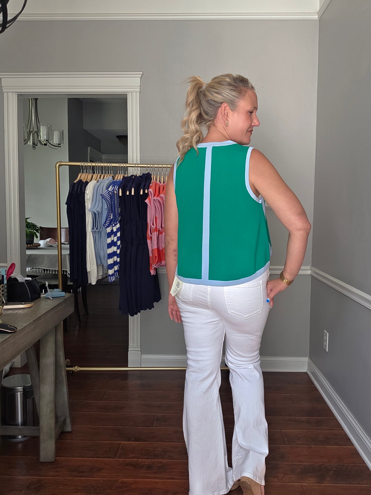 Kelly Green Sleeveless Knit Top w/ Light Blue Accents