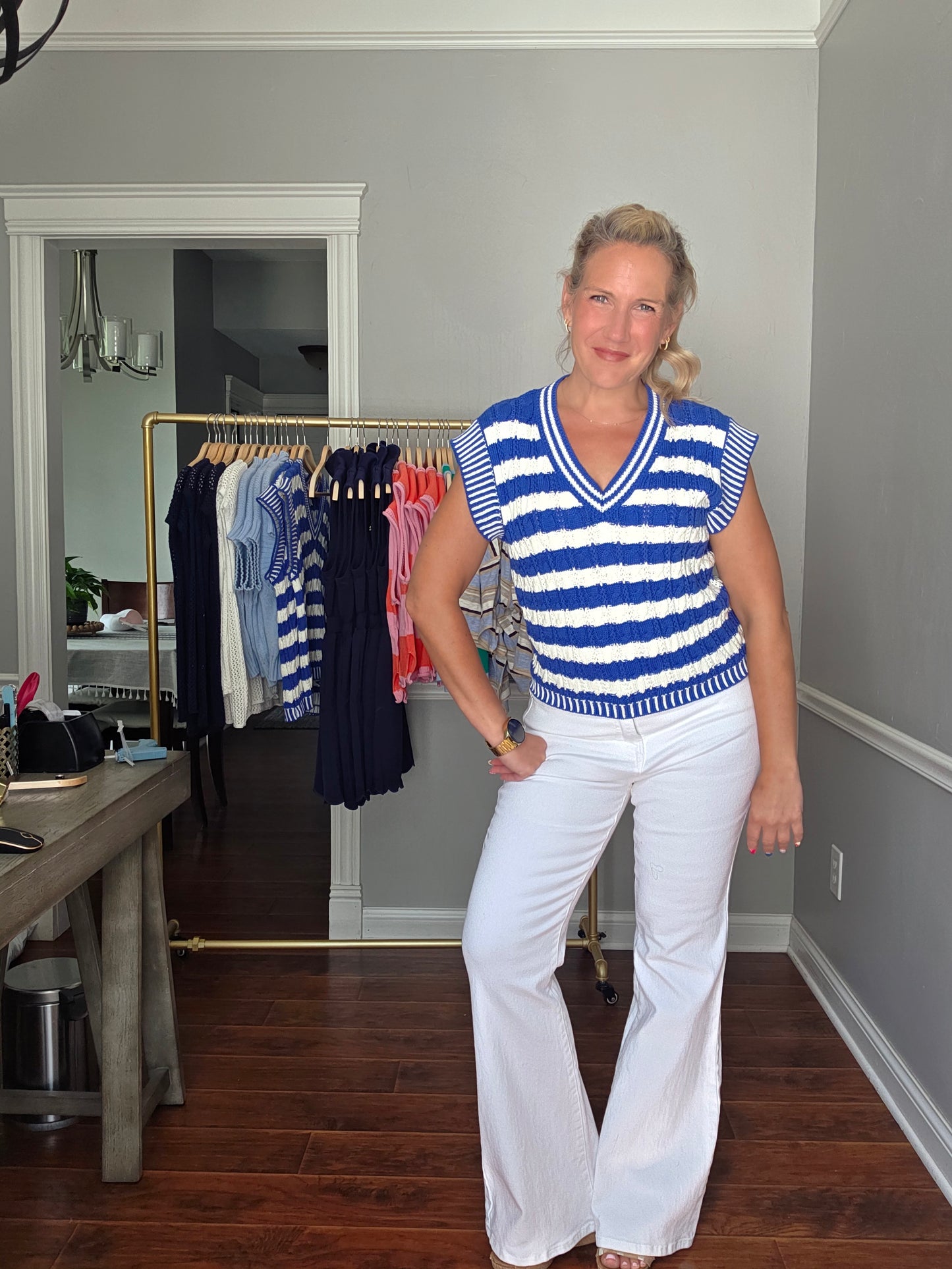 Royal Blue Striped V-Neck Knit Top