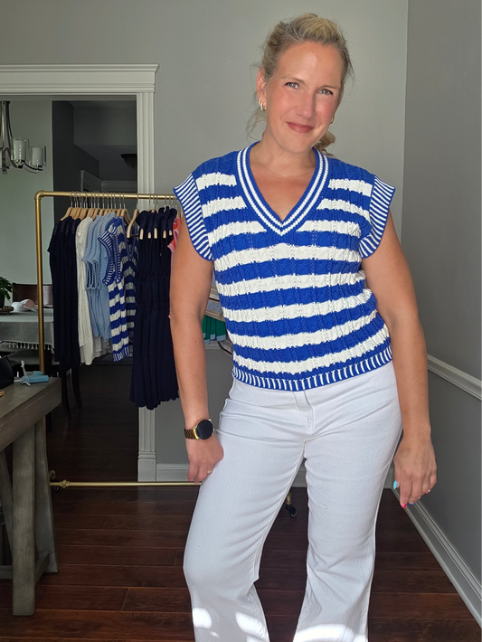 Royal Blue Striped V-Neck Knit Top