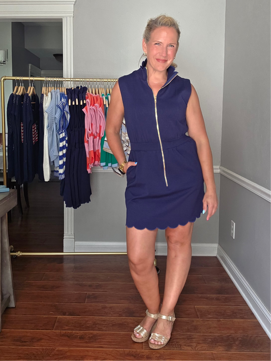 Navy Sleeveless Scallop Edge Dress w/ Zip Front
