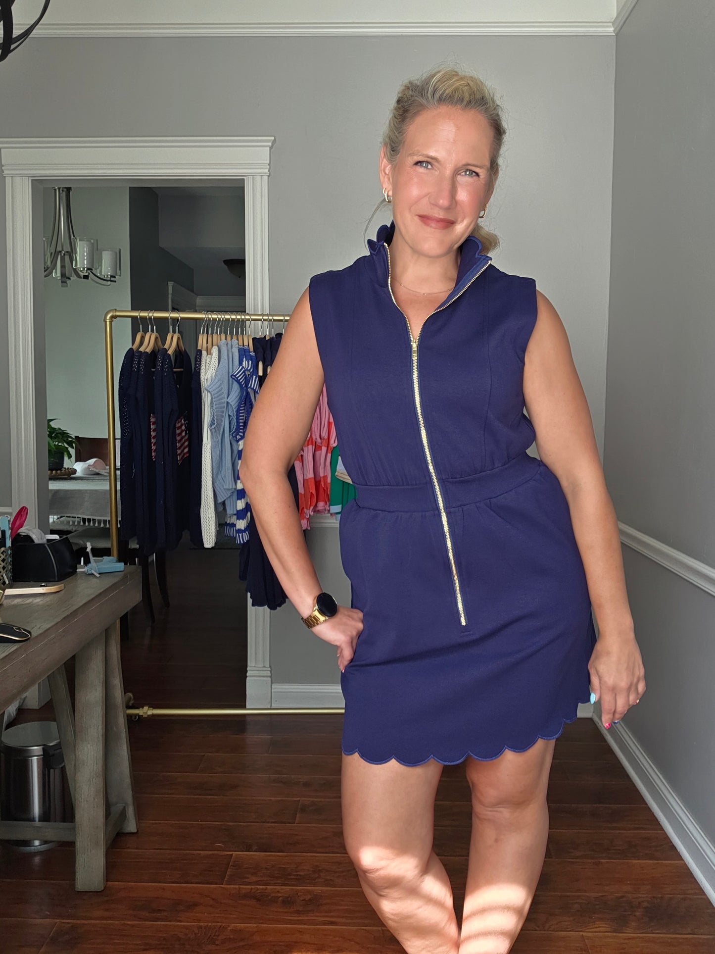 Navy Sleeveless Scallop Edge Dress w/ Zip Front