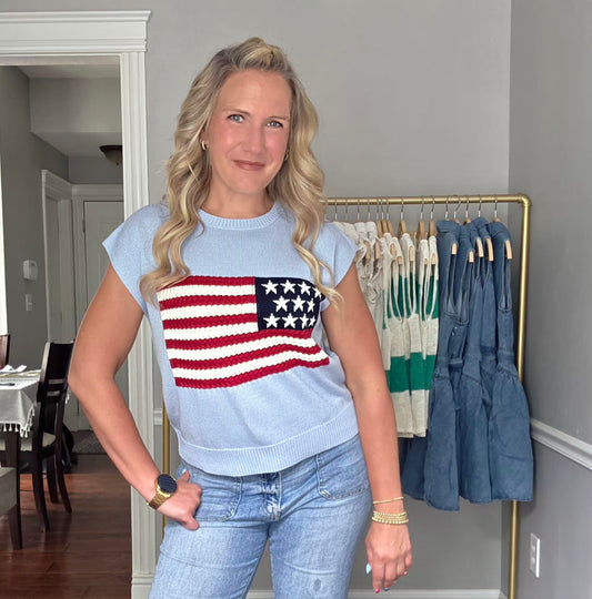 Light Blue Crew Neck USA Flag Knit Top