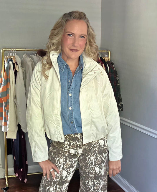 Ivory Faux Leather Bomber Jacket w/ Funnel Neck