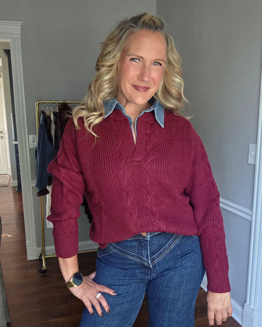 Maroon Cable Knit Sweater w/ Denim Collar