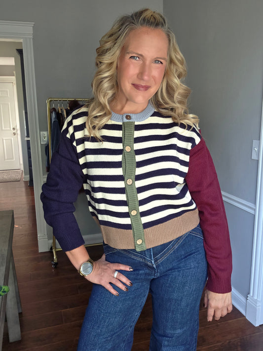 Navy Multi Color Cardigan w/Stripes