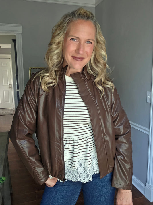 Brown Faux Leather Bomber Jacket w/ Funnel Neck