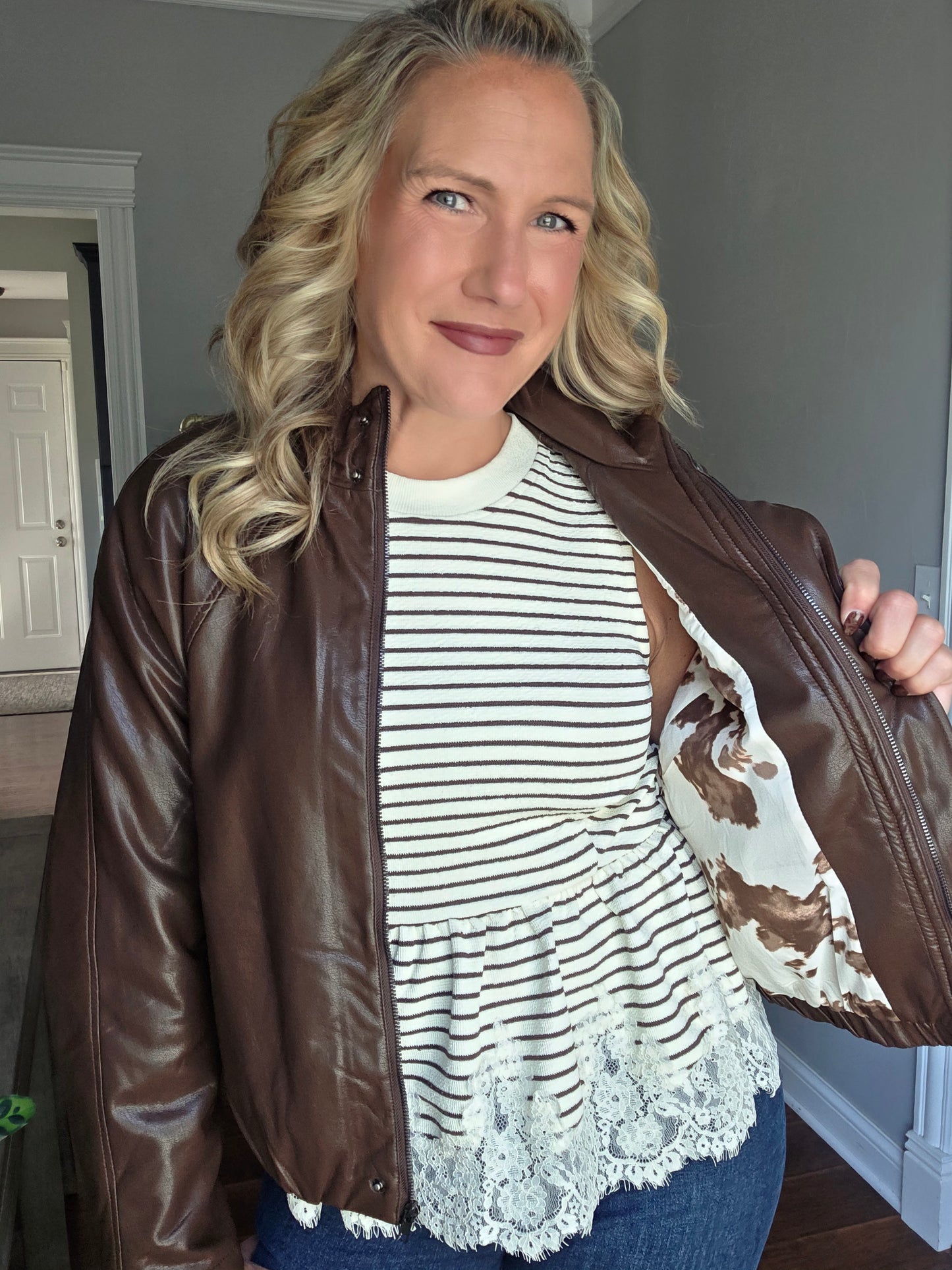 Brown Faux Leather Bomber Jacket w/ Funnel Neck